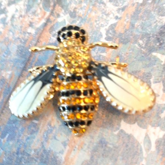 Enamel Bee Rhinestone Brooch - Picture 3 of 6